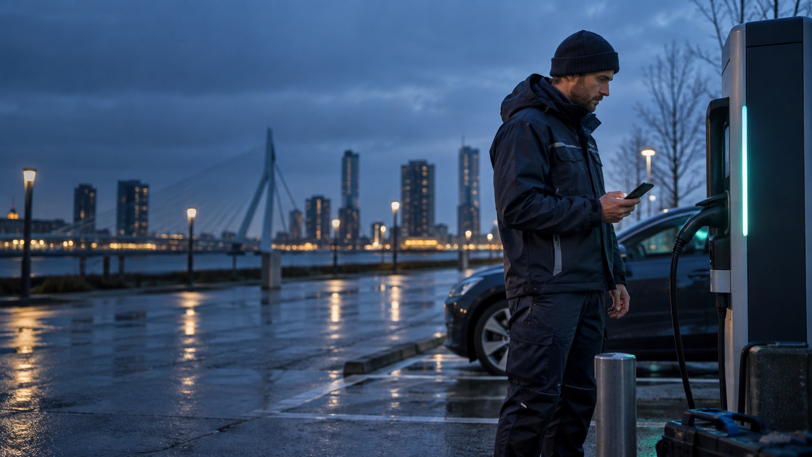 Illustration of a technician beside an EV charger